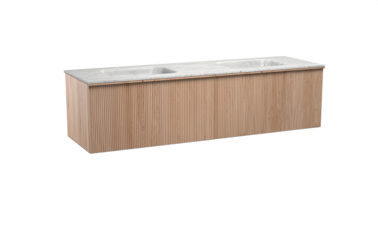 Balmani Forma zwevend badkamermeubel 180 x 55 cm natuur eik met Tablo Arcato dubbele wastafel in marmer carrara, Verticale symmetrische rechte ribbel