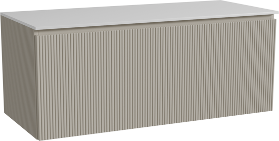 Storke Ribs hängendes Möbelstück Set: 120 x 52 cm, Seidengrau, mit Tavola Einzel- oder Doppel Waschtischplatte, Solid Surface, Weiß matt, Vertikale symmetrische gerade Rippe