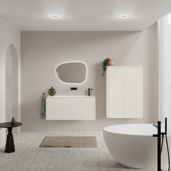 Balmani Eclips zwevend badkamermeubel 120 x 55 cm Sandbeige met Eclips enkele wastafel in Solid Surface mat wit, Verticale symmetrische rechte ribbel
