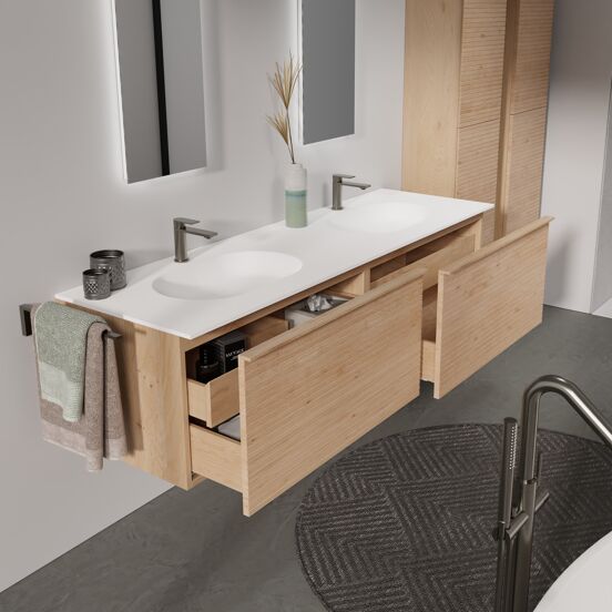 Balmani Forma zwevend badkamermeubel 180 x 55 cm natuur eik met Tablo Oval dubbele wastafel in solid surface mat wit, Horizontale symmetrische rechte ribbel