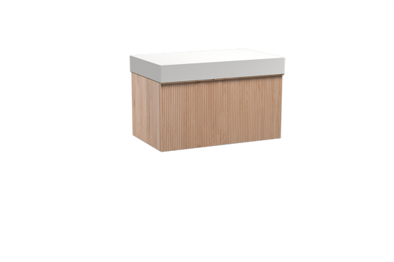 Balmani Forma hängendes Möbelstück Set: 90 x 55 cm, Naturbelassene Eiche, mit Dominus Einzel Waschtischplatte, Solid Surface, Weiß matt, Vertikale symmetrische gerade Rippe