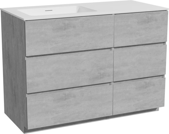 Storke Edge meuble salle de bains à poser 110 x 52 cm béton gris foncé avec Mata plan vasque asymétrique à gauche en solid surface blanc mat