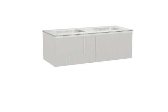 Balmani Fila zwevend badkamermeubel 135 x 55 cm mat wit met Tablo Arcato dubbele wastafel in marmer carrara, Verticale symmetrische rechte ribbel