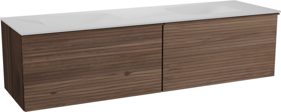 Balmani Forma hängendes Möbelstück Set: 180 x 55 cm, Amerikanischer Nussbaum, mit Tablo Arcato Doppelwaschtisch, Solid Surface, Weiß matt, Horizontale symmetrische gerade Rippe
