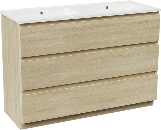 Linie Lado meuble salle de bains à poser 120 x 46 cm chêne blanc avec Vano double vasque en marbre composite blanc brillant