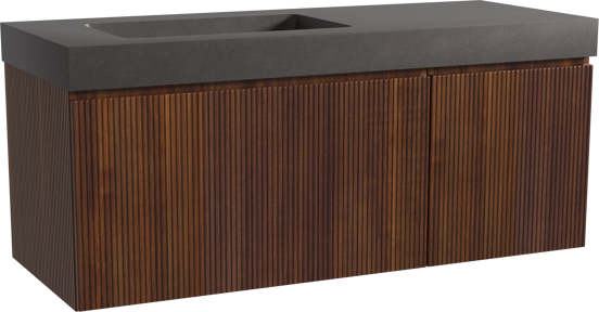 Storke Ribs zwevend badkamermeubel 130 x 52 cm notelaar met Scuro High asymmetrisch linkse wastafel in kwarts mat zwart, Verticale symmetrische rechte ribbel