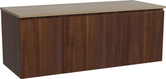 Storke Ribs zwevend badkamermeubel 130 x 52 cm notelaar met Panton enkel of dubbel tablet in melamine ruwe eik, Verticale symmetrische rechte ribbel