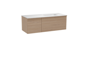 Balmani Forma zwevend badkamermeubel 135 x 55 cm natuur eik met Tablo Arcato asymmetrisch rechtse wastafel in solid surface mat wit, Horizontale symmetrische rechte ribbel