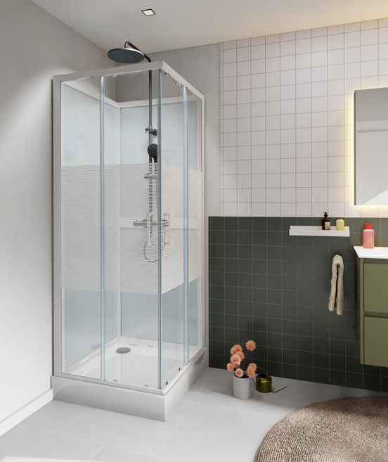 Luca Varess Talan cabine de douche avec portes coulissantes 80 x 80 cm verre transparent avec bande mate rayée profil blanc brillant