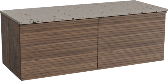 Balmani Forma hängendes Möbelstück Set: 135 x 55 cm, Amerikanischer Nussbaum, mit Stretto Einzel- oder Doppel Waschtischplatte, Terrazzo in Greige, Horizontale symmetrische gerade Rippe