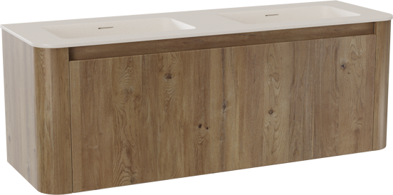 Storke Soft hängendes Möbelstück Set: 140 x 46 cm, Eiche rau, mit Mata Soft Doppelwaschtischplatte Solid Surface Beige Granit