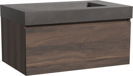 Storke Edge meuble salle de bains suspendu 85 x 52 cm noyer avec Scuro High plan simple en quartz noir mat