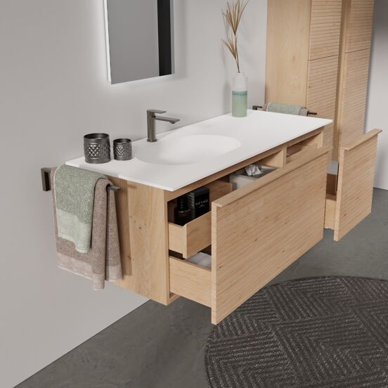 Balmani Forma meuble salle de bains suspendu 135 x 55 cm chêne naturel avec Tablo Oval vasque asymétrique gauche en solid surface blanc mat, Nervure droite symétrique horizontale