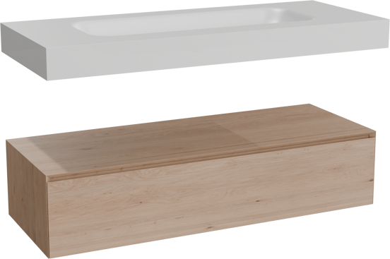 Balmani Mitra Elements meuble salle de bains suspendu 135 x 55 cm chêne naturel avec Wave lavabo simple pour 2 trous de robinet en solid surface blanc mat