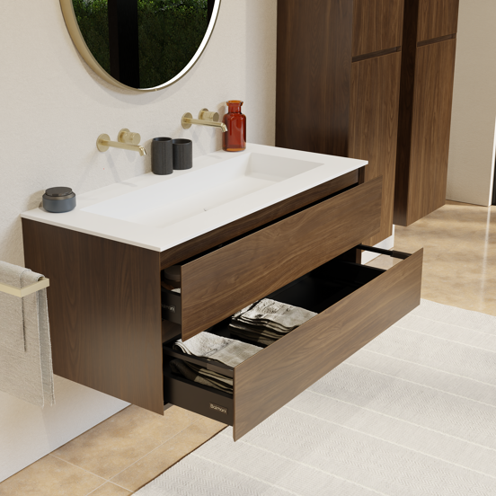Balmani Mitra hängendes Möbelstück Set: 120 x 55 cm, Amerikanischer Nussbaum, mit Tablo Stretto Einzelwaschtisch für 2 Armaturenlöcher, Solid Surface Weiß matt