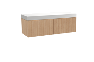 Balmani Fila zwevend badkamermeubel 150 x 55 cm natuur eik met Dominus enkel of dubbel tablet in solid surface mat wit, Verticale symmetrische rechte ribbel