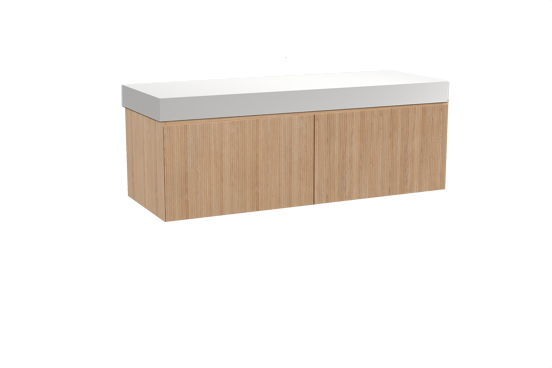 Balmani Fila zwevend badkamermeubel 150 x 55 cm natuur eik met Dominus enkel of dubbel tablet in solid surface mat wit, Verticale symmetrische rechte ribbel