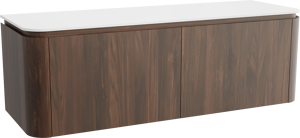 Balmani Moon meuble salle de bains suspendu 160 x 55 cm noyer américain avec Moon tablette simple ou double en solid surface blanc mat