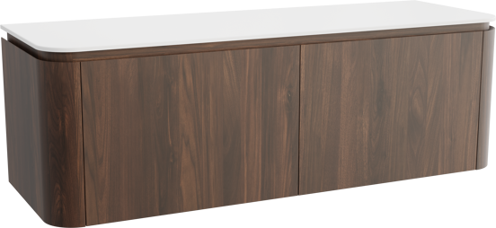 Balmani Moon meuble salle de bains suspendu 160 x 55 cm noyer américain avec Moon tablette simple ou double en solid surface blanc mat