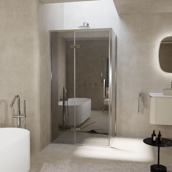 Balmani Senses Design douchehoek met linkse draaideur en vaste zijwand, 100 x 80 cm, Reflex spiegelglas, Chroom profielen, met coating