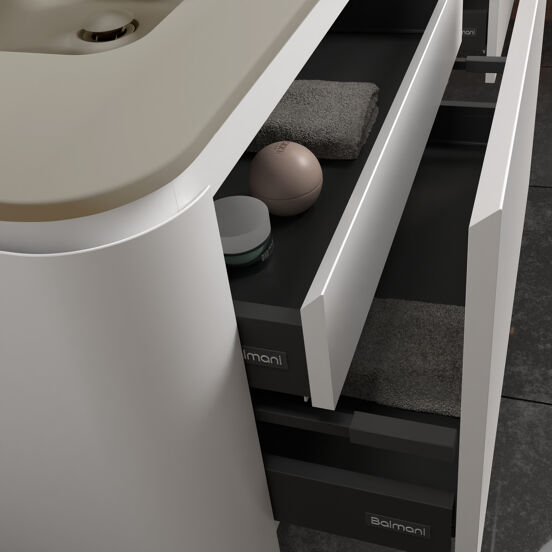 Balmani Moon meuble salle de bains suspendu 130 x 55 cm blanc mat avec Moon plan simple en top solid soie grise