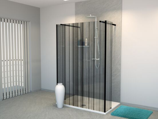 Balmani BMSS Walk-In-Dusche mit freistehender Wand und fixiertem Paneel 140 x 200 cm, Strichcode schwarz Glas , Profil schwarz matt