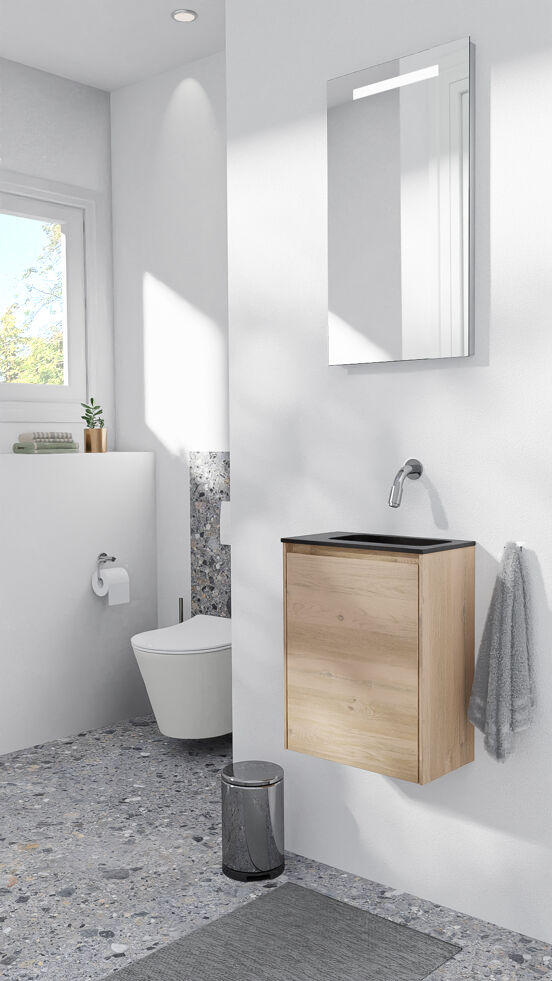 Storke Edge zwevend toiletmeubel 40 x 22 cm ruw eiken met Fina wastafel in mat quartz