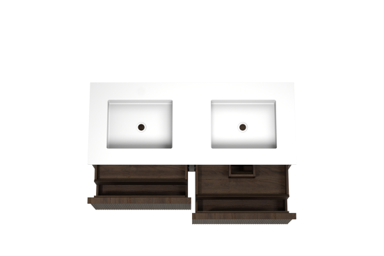 Balmani Forma meuble salle de bains suspendu 135 x 55 cm chêne fumé avec Tablo Stretto double vasque en solid surface blanc mat, Nervure droite symétrique verticale
