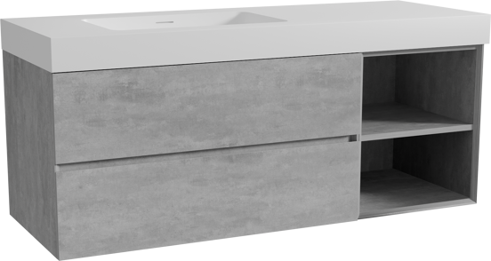 Storke Edge meuble salle de bains suspendu 140 x 52 cm béton gris foncé avec Mata High vasque asymétrique gauche en solid surface blanc mat