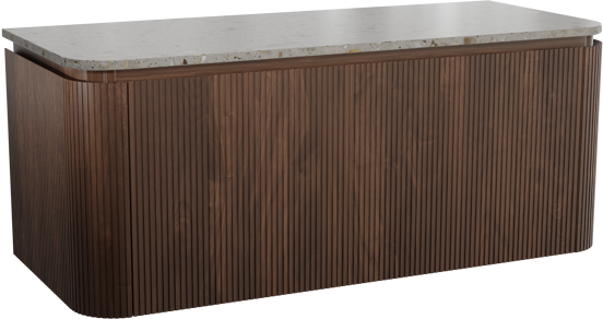Balmani Moon zwevend badkamermeubel 130 x 55 cm amerikaanse notelaar met Moon enkel of dubbel tablet in terrazzo greige terrazzo, Verticale symmetrische rechte ribbel