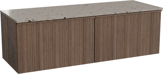 Balmani Forma zwevend badkamermeubel 150 x 55 cm amerikaanse notelaar met Stretto enkel of dubbel tablet in terrazzo greige terrazzo, Verticale asymmetrische ronde ribbel
