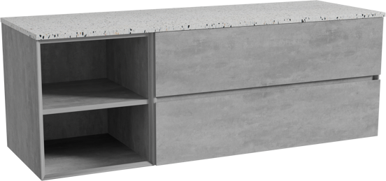 Storke Edge meuble salle de bains suspendu 150 x 52 cm béton gris foncé avec Tavola tablette simple ou double en blanc/noir mat terrazzo