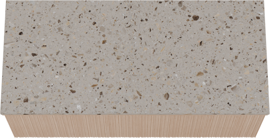 Balmani Forma hängendes Möbelstück Set: 120 x 55 cm, Naturbelassene Eiche, mit Stretto Einzel- oder Doppel Waschtischplatte, Terrazzo in Greige, Vertikale asymmetrische Runde Rippe