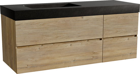 Storke Edge meuble salle de bains suspendu 140 x 52 cm chêne brut avec Scuro High plan vasque asymétrique à gauche en quartz noir mat