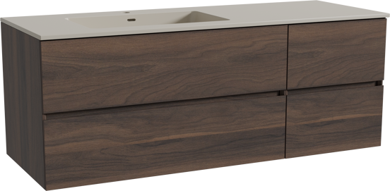 Storke Edge zwevend badmeubel 140 x 52 cm notenhout met Diva asymmetrisch linkse wastafel in top solid zijdegrijs