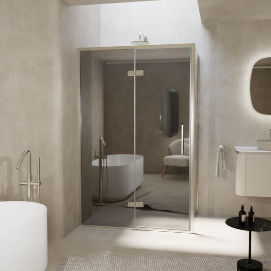 Balmani Senses Design douchehoek met linkse draaideur en vaste zijwand, 120 x 100 cm, Reflex spiegelglas, Brushed CoolMetal profielen, met coating