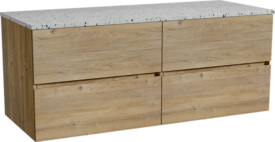 Storke Edge meuble salle de bains suspendu 130 x 52 cm chêne brut avec Tavola tablette simple ou double en blanc/noir mat terrazzo