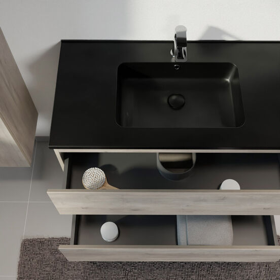 Linie Lado hängendes Möbelstück Set: 80 x 46 cm, Graue Eiche, mit Vano Einzelwaschtisch, Marmorkomposit Schwarz matt
