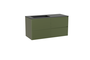 Storke Seda meuble salle de bains suspendu 120 x 52 cm vert olive avec Scuro vasque asymétrique gauche en quartz noir mat