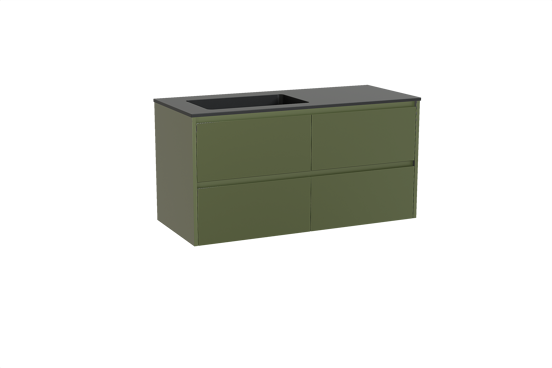 Storke Seda meuble salle de bains suspendu 120 x 52 cm vert olive avec Scuro vasque asymétrique gauche en quartz noir mat