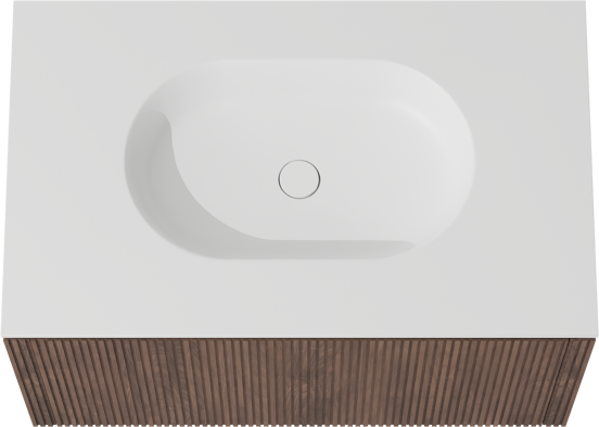 Balmani Eclips zwevend badkamermeubel 90 x 55 cm Amerikaanse notelaar met Tablo Oval enkele wastafel in Solid Surface mat wit, Verticale symmetrische rechte ribbel