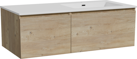 Storke Edge meuble salle de bains suspendu 110 x 52 cm chêne brut avec Diva plan vasque asymétrique à droite en marbre composite blanc brillant