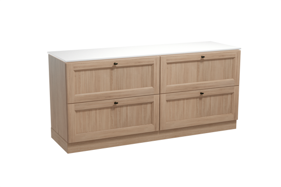 Balmani Lemon freistehendes Möbelstück Set: 180 x 55 cm, Verwitterte Eiche, mit Stretto Einzel- oder Doppel Waschtischplatte, Solid Surface Weiß matt