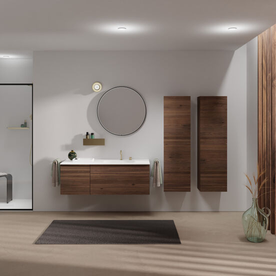 Balmani Forma zwevend badkamermeubel 135 x 55 cm amerikaanse notelaar met Tablo Arcato asymmetrisch rechtse wastafel in solid surface mat wit, Horizontale symmetrische rechte ribbel