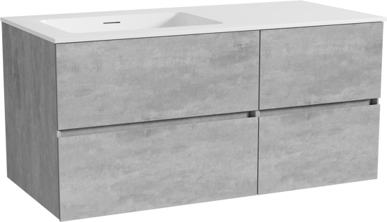 Storke Edge meuble salle de bains suspendu 110 x 52 cm béton gris foncé avec Mata plan vasque asymétrique à gauche en solid surface blanc mat