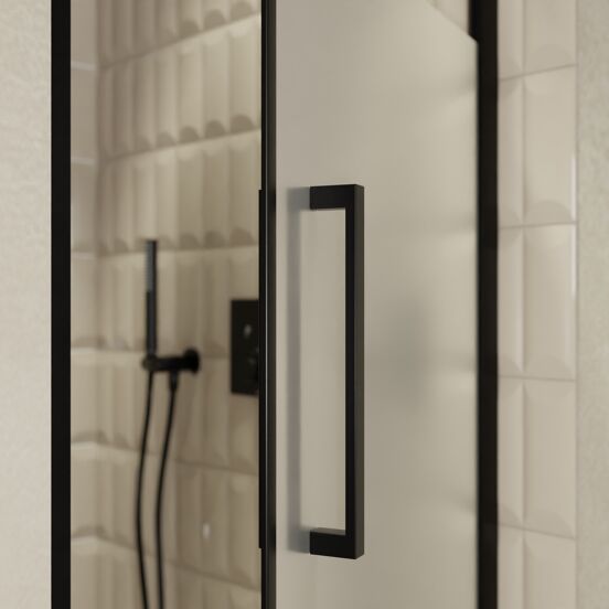 Balmani Senses Design douche draaideur rechts 90 cm x 210 cm Helder glas met matte strook, Zwarte profielen, met coating