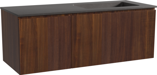 Storke Ribs zwevend badmeubel 130 x 52 cm notenhout met Scuro asymmetrisch rechtse wastafel in kwarts mat zwart, Verticale symmetrische rechte ribbel