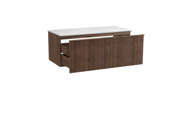 Balmani Forma hängendes Möbelstück Set: 120 x 55 cm, Amerikanischer Nussbaum, mit Stretto Einzel- oder Doppel Waschtischplatte, Marmor, Carrara, Vertikale symmetrische gerade Rippe