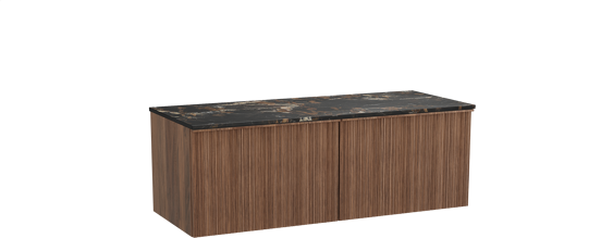 Balmani Forma zwevend badkamermeubel 135 x 55 cm amerikaanse notelaar met Stretto enkel of dubbel tablet in marmer portoro gold, Verticale asymmetrische ronde ribbel
