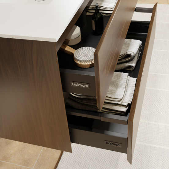 Balmani Mitra hängendes Möbelstück Set: 120 x 55 cm, Amerikanischer Nussbaum, mit Tablo Stretto Einzelwaschtisch für 2 Armaturenlöcher, Solid Surface Weiß matt